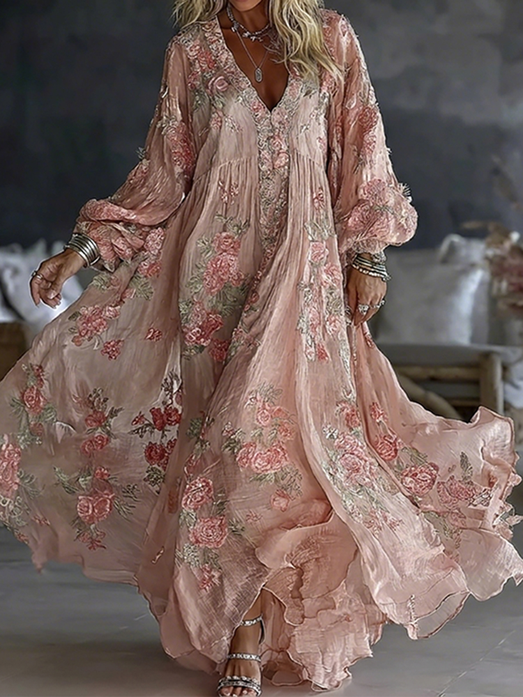 Women's Vintage Floral Art Flowy Linen Blend Casual V Neck Long Sleeve Maxi Dress