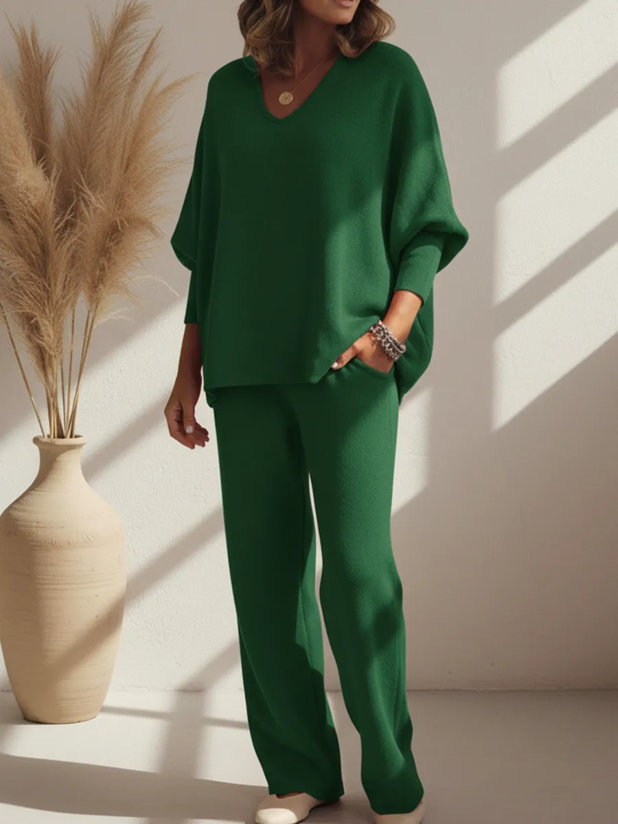 Cozy Solid Color V-neck Knit Top And Pants Two-piece Set