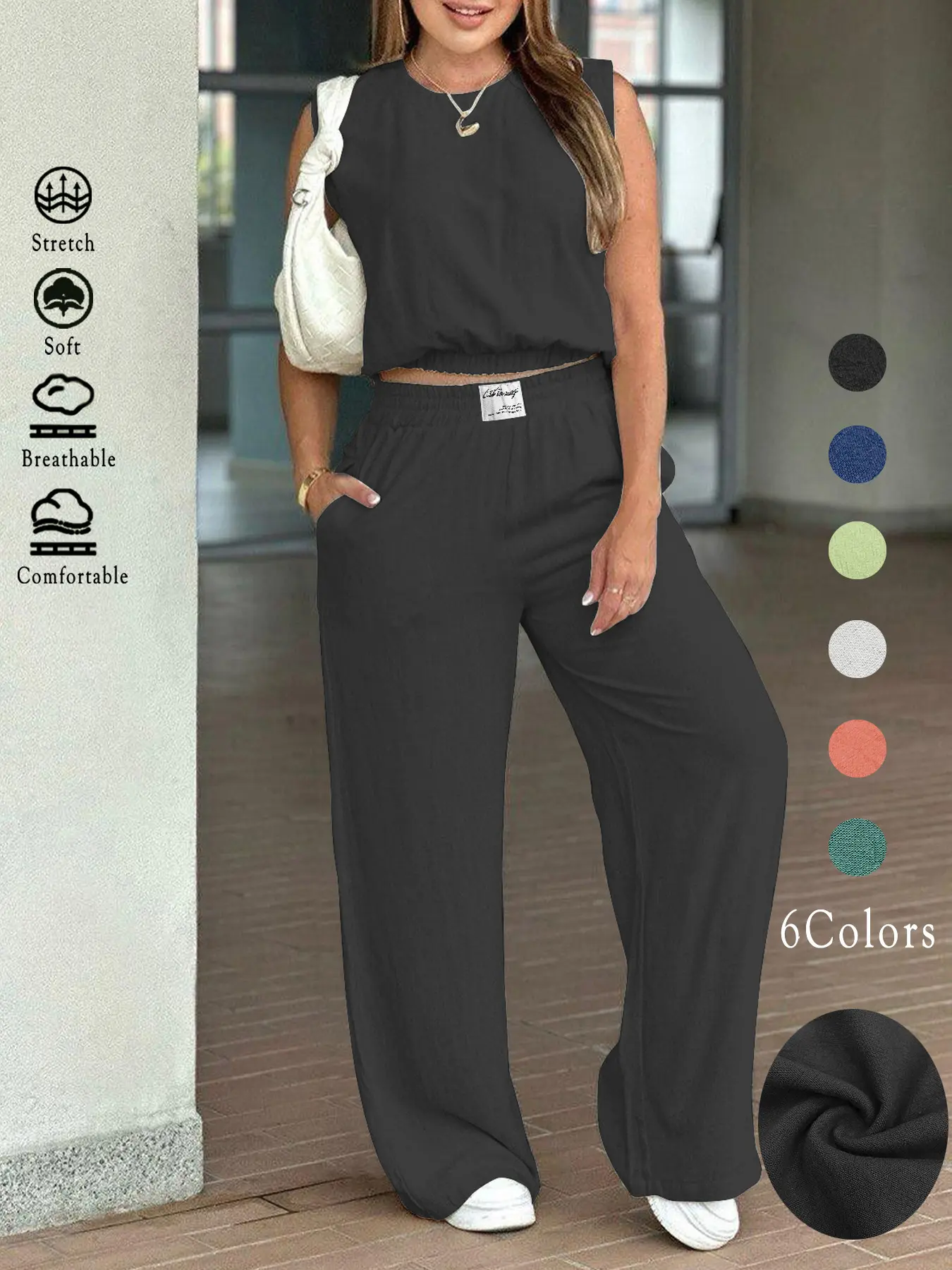 Women's 2-Piece Solid Color Tank Top & Wide Leg Pants Set