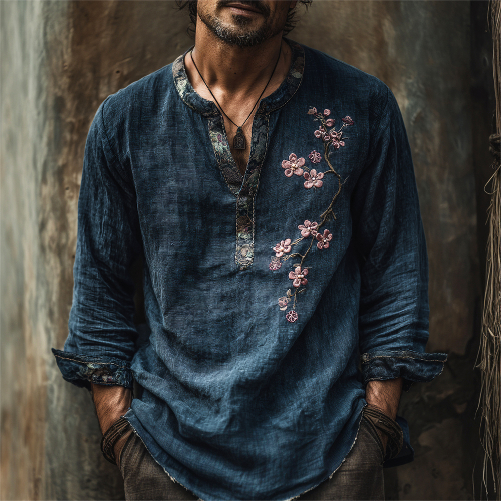 Japanese Plum Flower Embroidery Men's Linen Long Sleeve Shirt