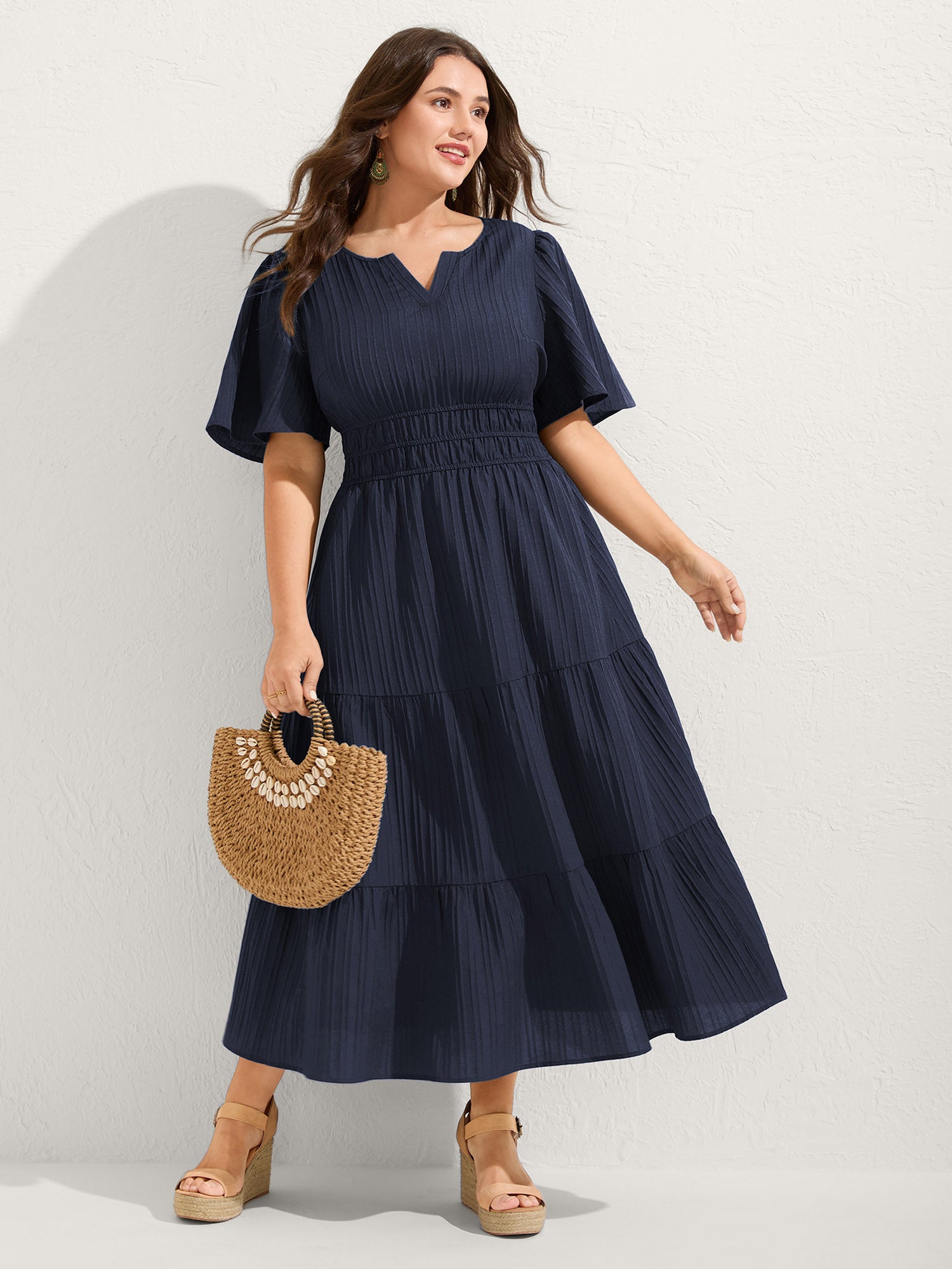 Textured Shirred Cinched Waist Maxi Dress