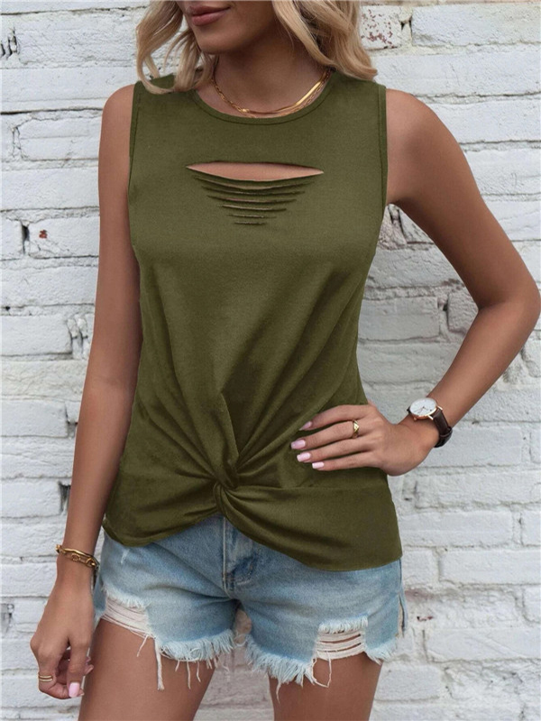Hollow Knot Pleated Solid Color Sleeveless Round-Neck Vest Top