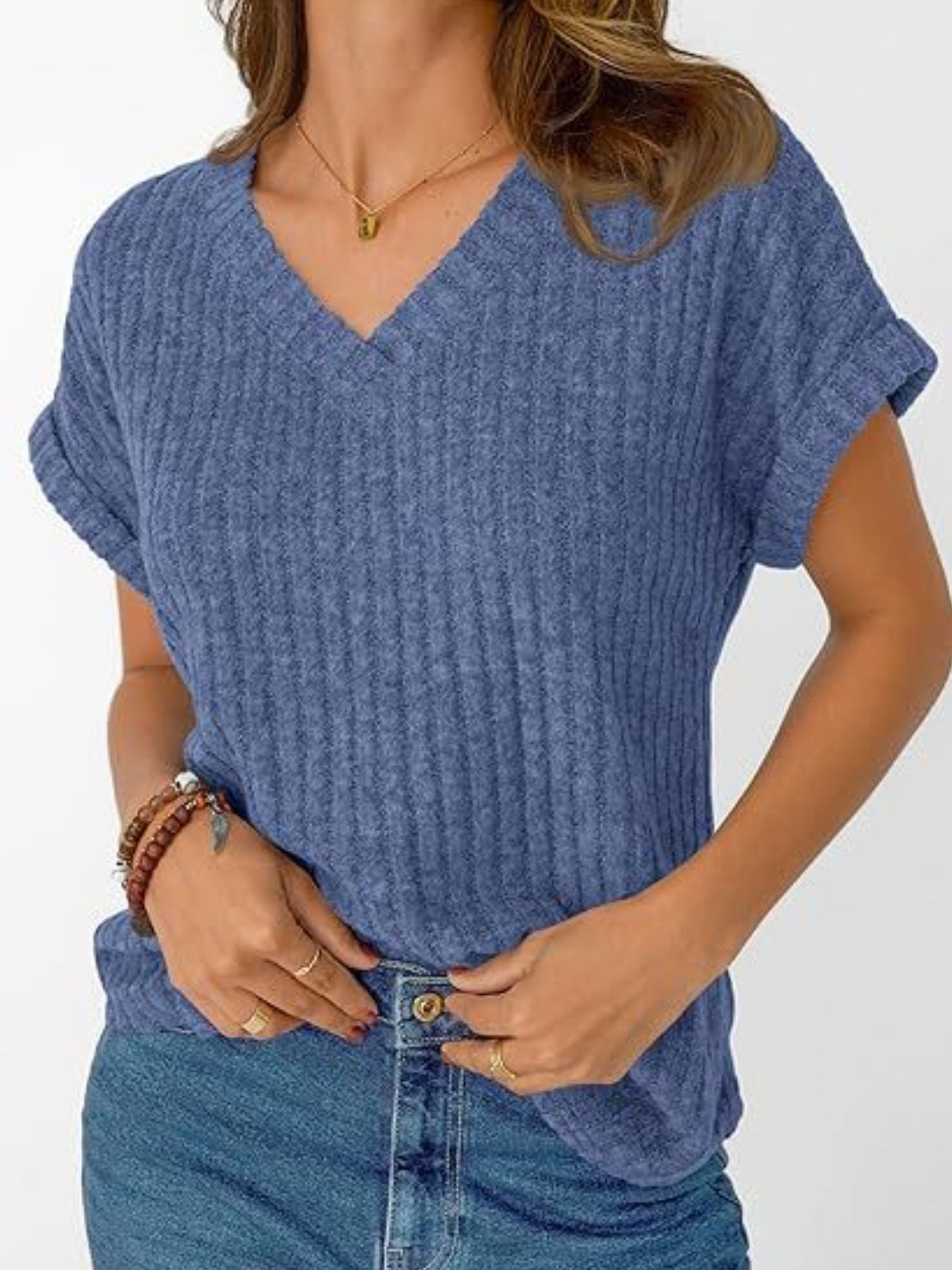 Ribbed Knit V-Neck Relaxed Fit T-Shirt