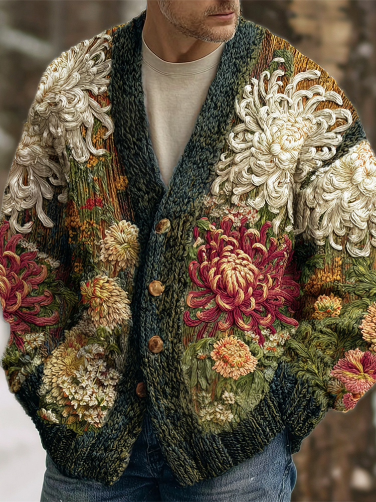 Vintage Japanese Chrysanthemum Embroidered Men's Knit Cardigan
