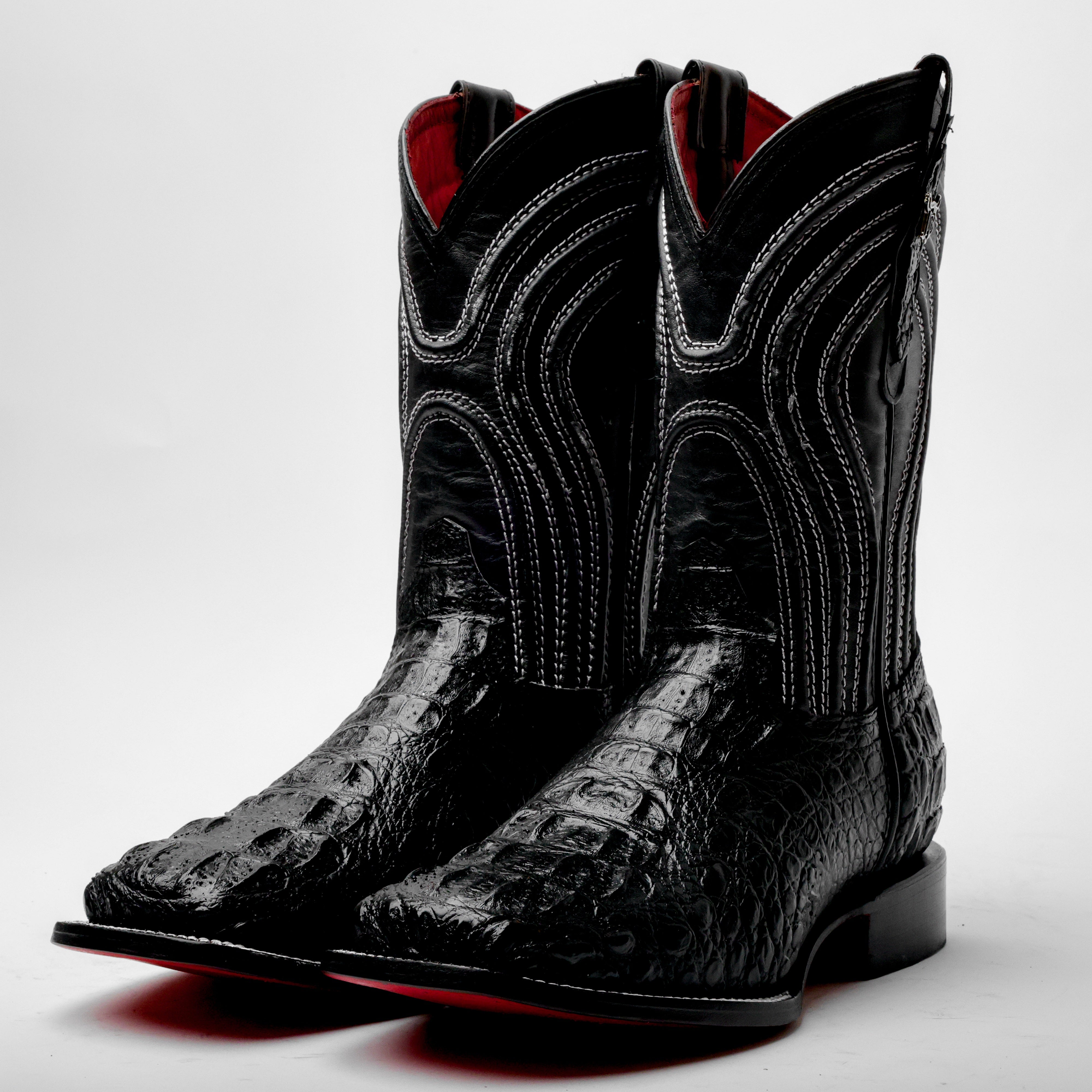 Black Caiman Neck Leather Boots - Square Toe