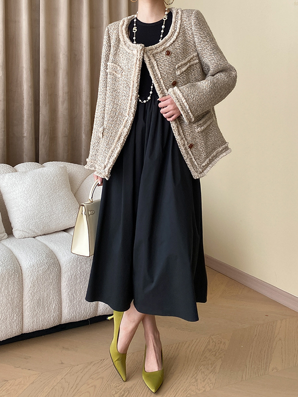 Elasticity Hollow Solid Color Split-Joint A-Line Long Sleeves Round-Neck Midi Dresses