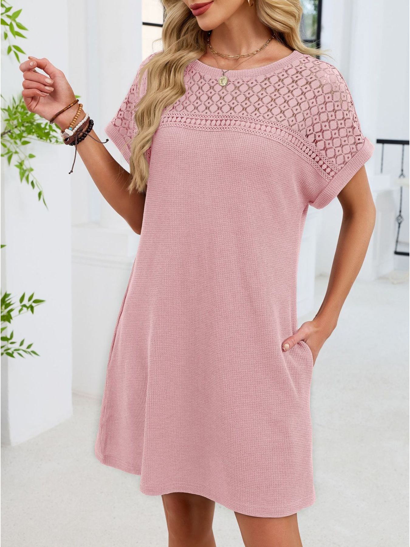 Lace Round Neck Short Sleeve T-Shirt Dress
