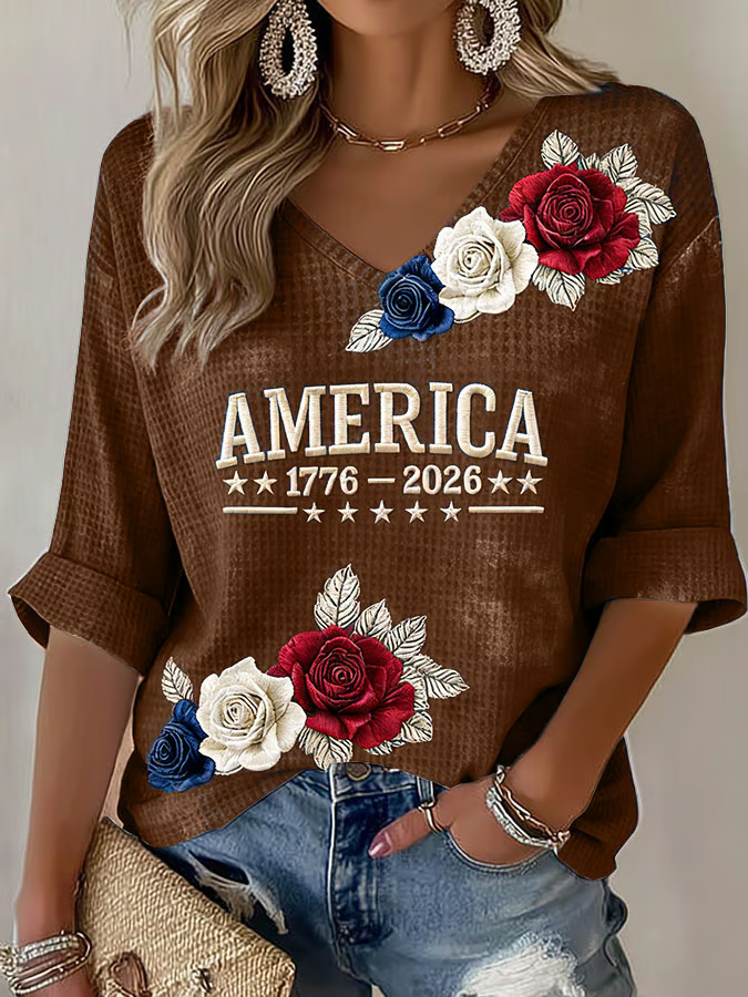 Women's American 250th Anniversary Three-Quarter Sleeve V-Neck Top