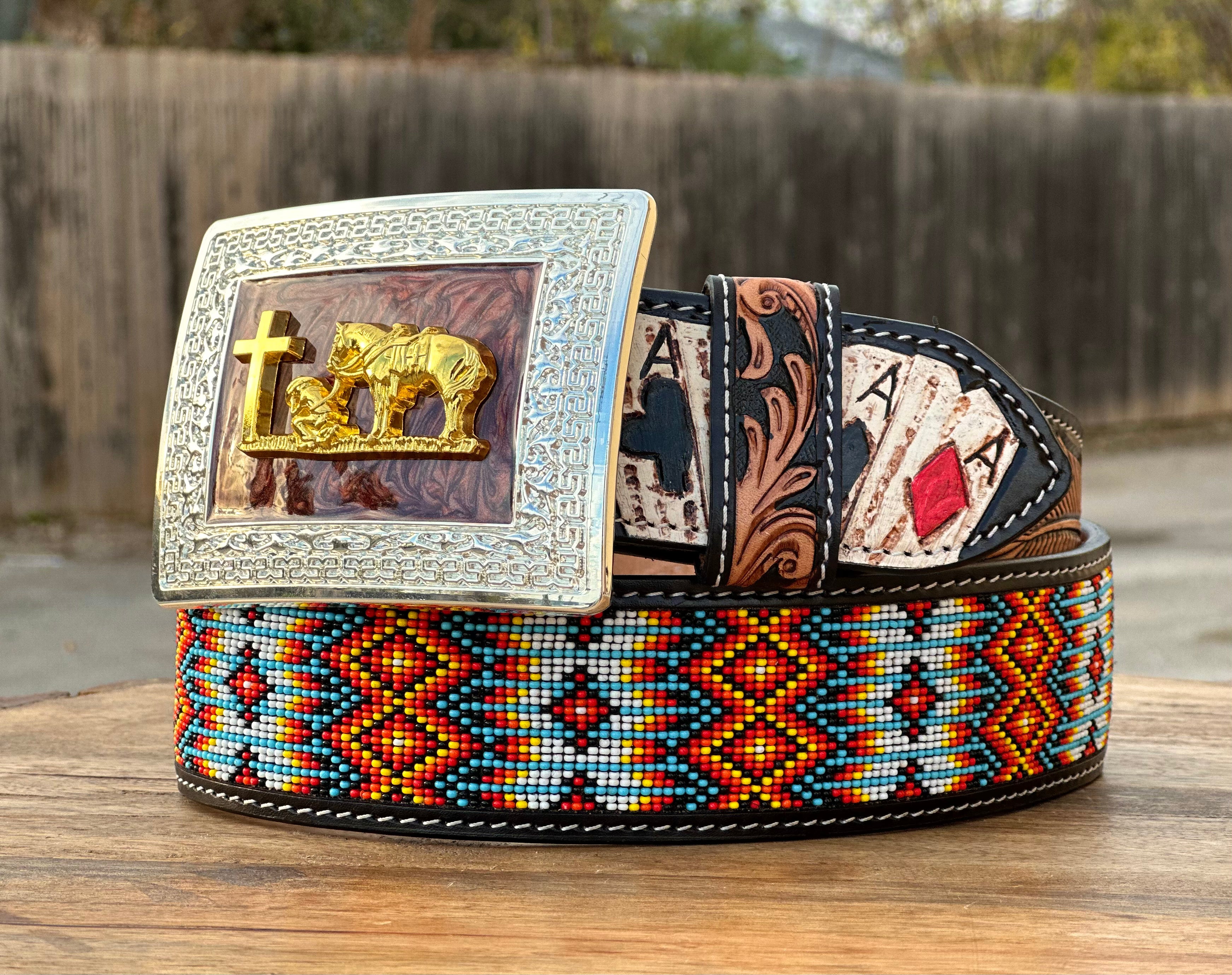 Hand-Tooled Artesanal Tabs With Multicolor Aztec Beaded Leather Belt ( Read Description Before Ordering)