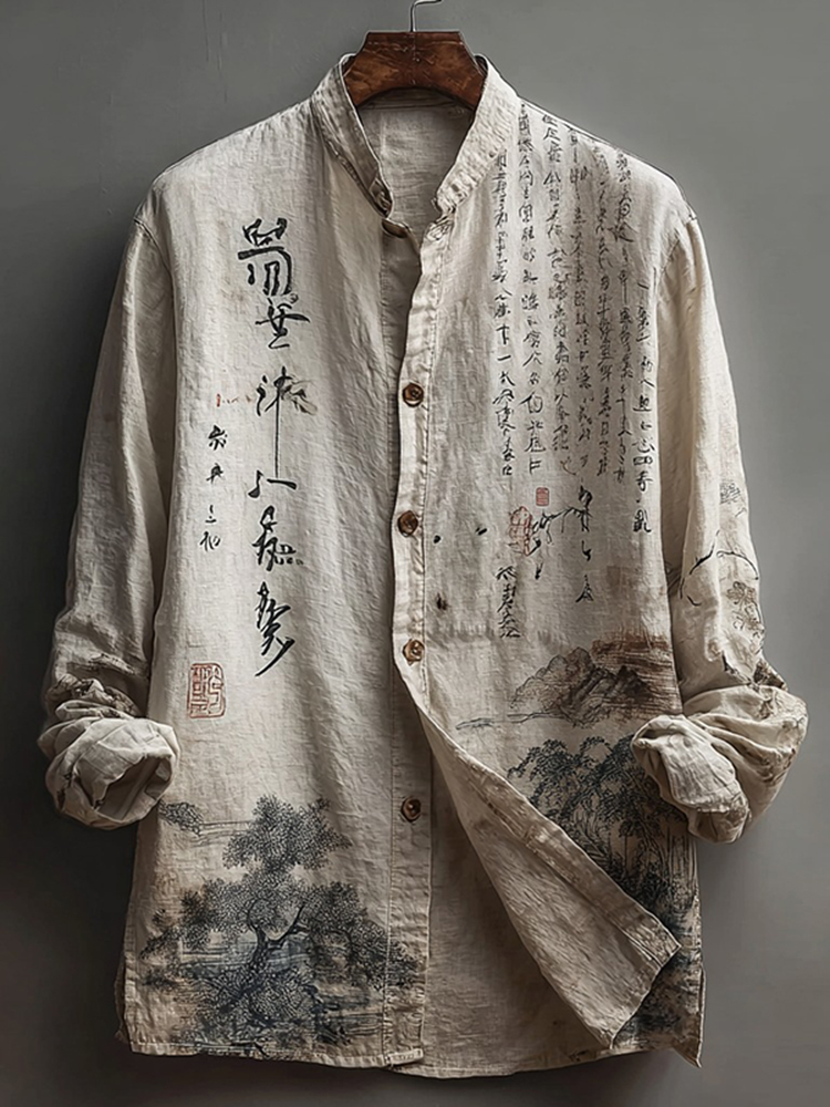 Japanese-style Calligraphy Art Linen Shirt