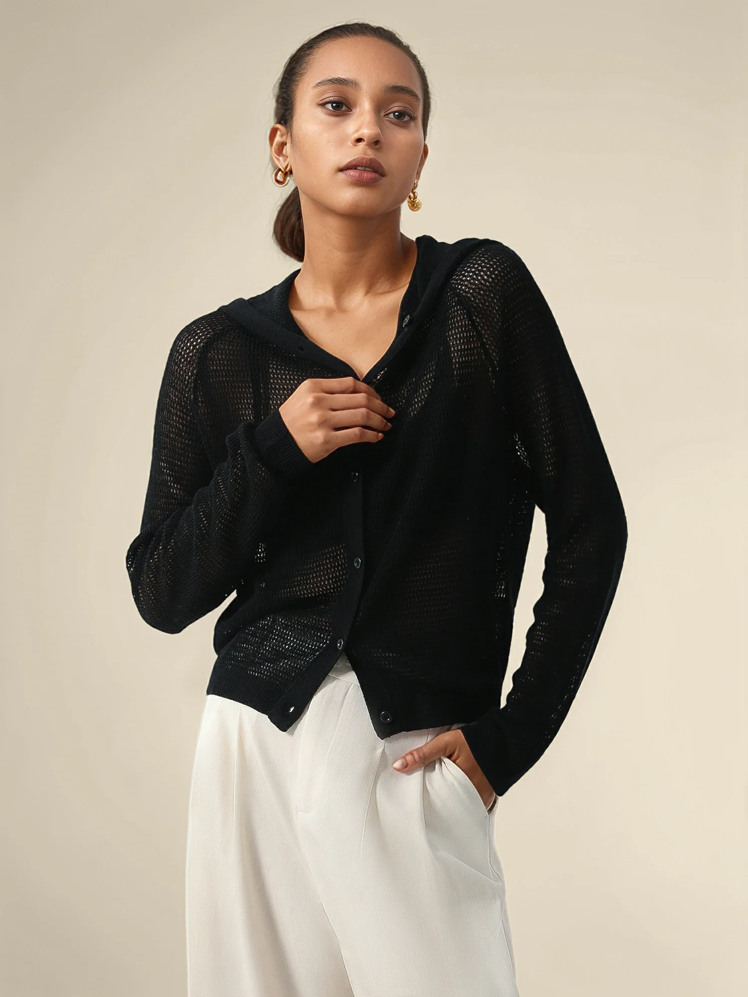 Linen & Lyocell Hooded Long Sleeve Hollow Cardigan