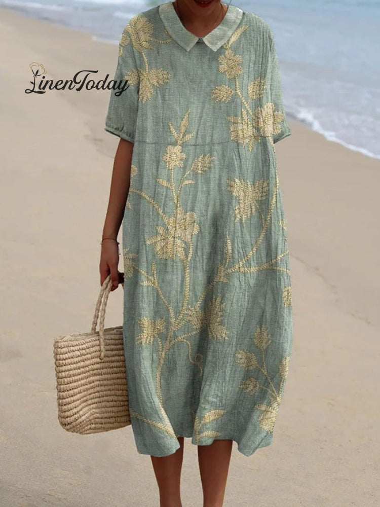 Women's Retro Floral Art Print Casual Cotton And Linen Shirt