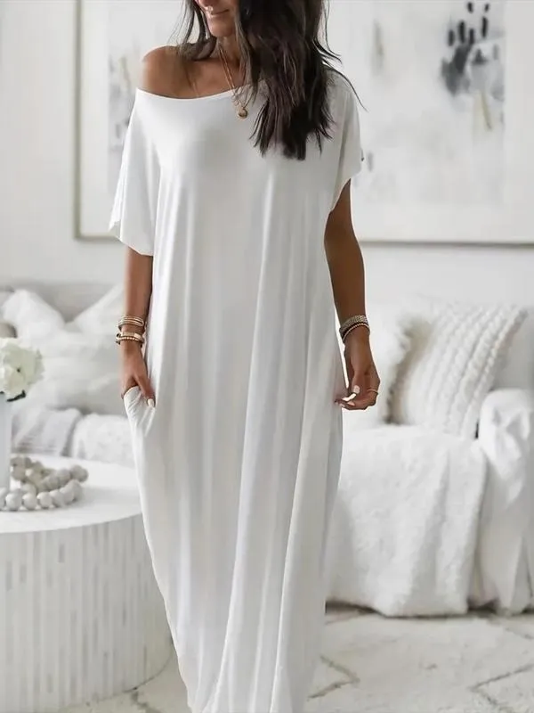Women's Solid Color Batwing Sleeve Lounge Dress, Casual Comfy Short Sleeve Nightdress for Daily Wear