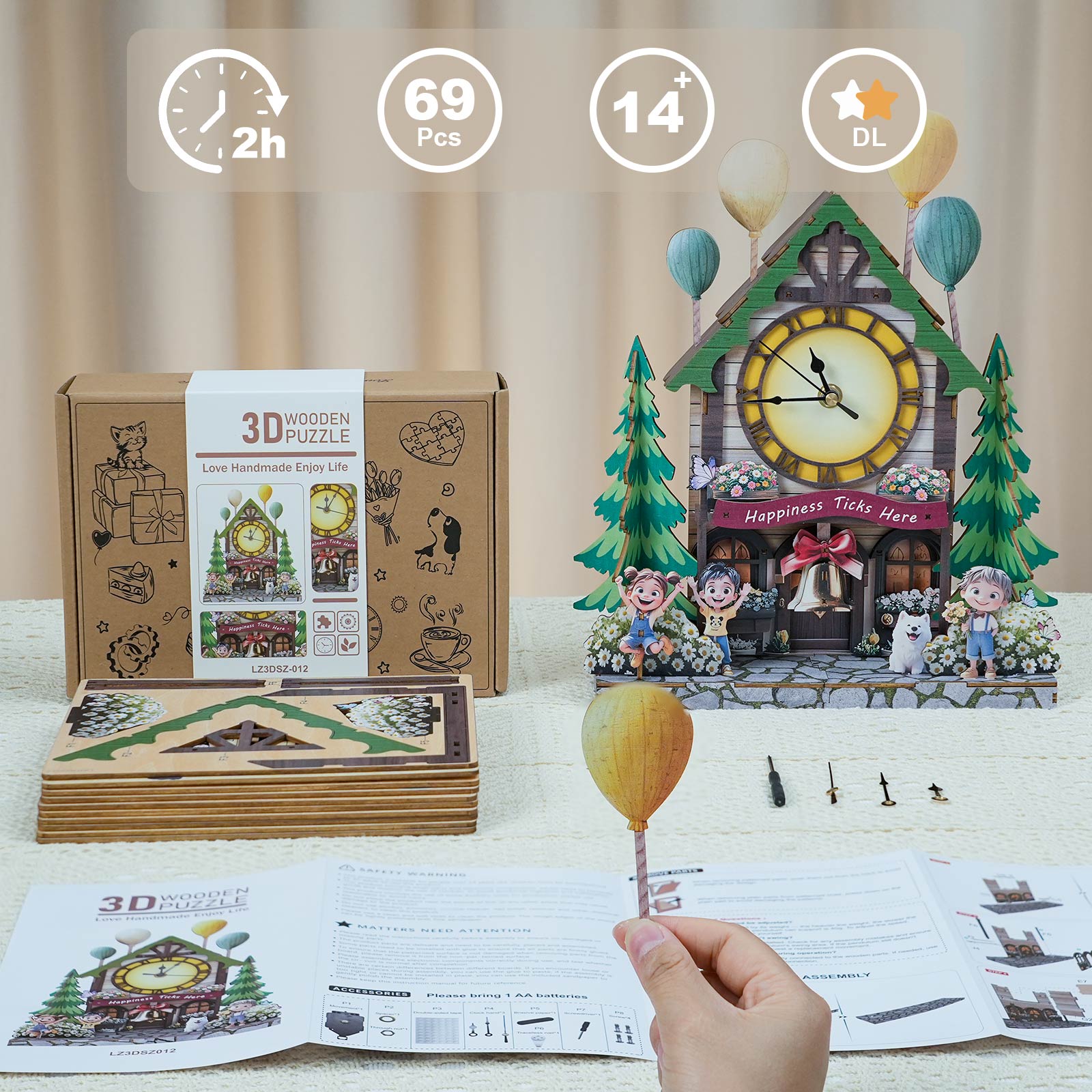 Balloon Cabin â€“ DIY Wooden Clock, 3D Puzzle Craft Kit