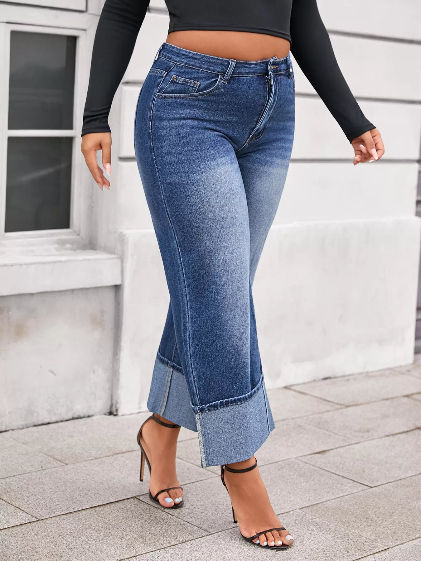 Plus Size High Waist Cuffed Wide Leg Jeans