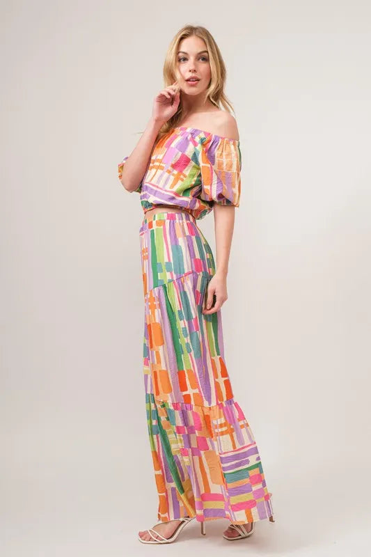 Asymmetric Geo Printed Tiered Maxi Skirt