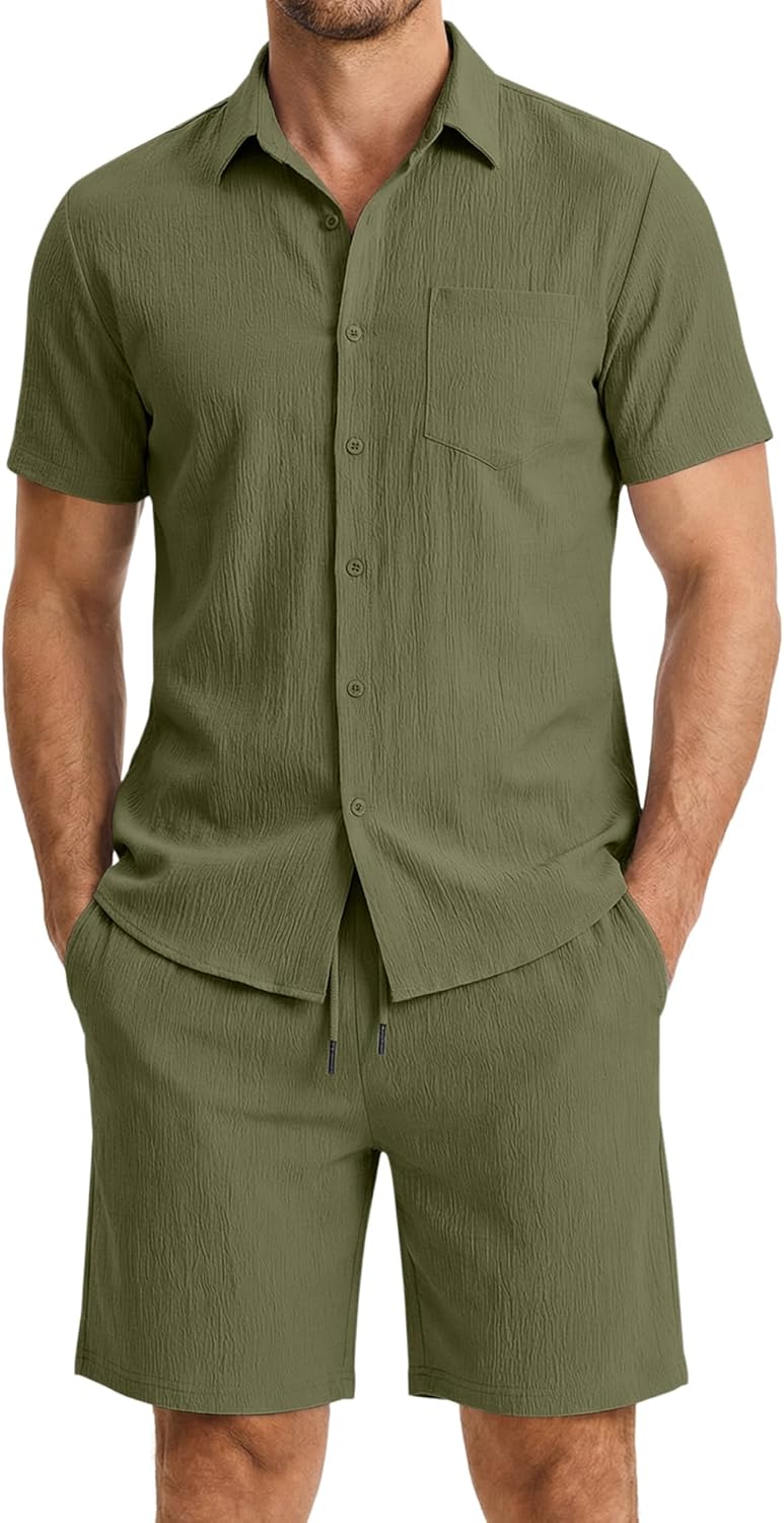 Mens 2 Piece Short Sets Short Sleeve Shirts and Shorts Summer Beach Vacation Texture Outfits