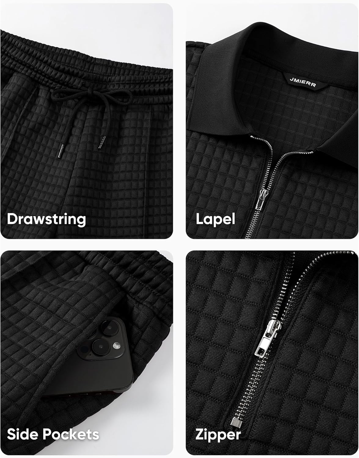 Mens Summer 2 Piece Outfits Short Sets Beach Waffle 1/4 Zip Polo Shirts Casual Loose Pant Loungewear