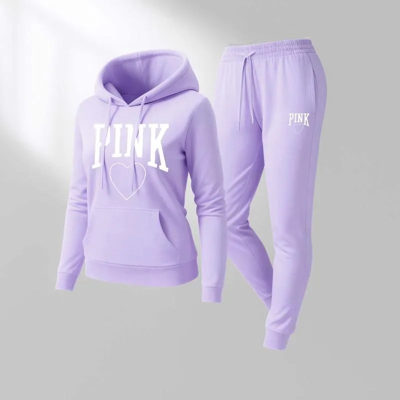 Women's Pink Heart Print Hair And Sunglasses Hoodie And Drawstring Track Pants Set