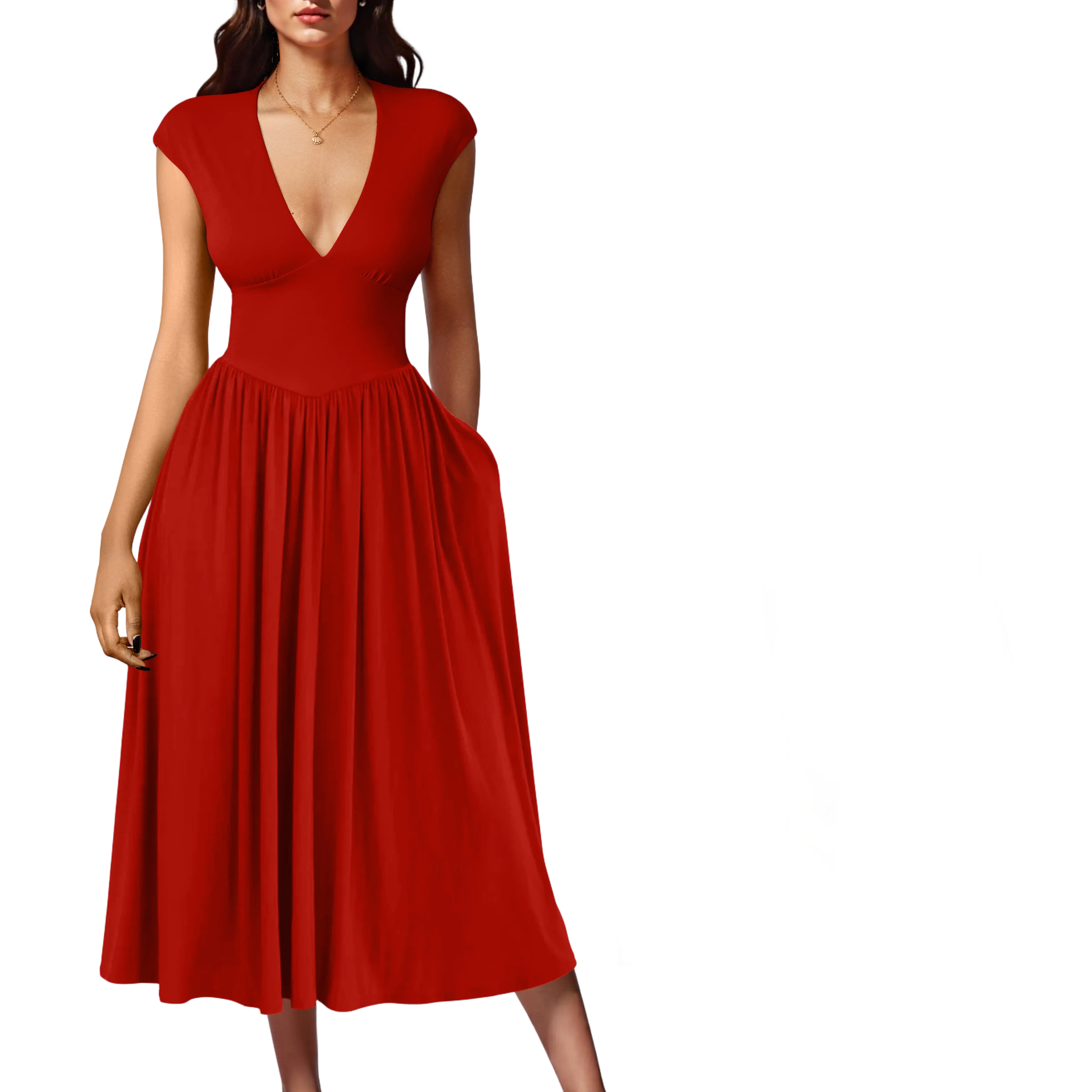 Women's Summer Deep V-Neck Cap Sleeve Pleated A‑Line Midi Dress with Pockets