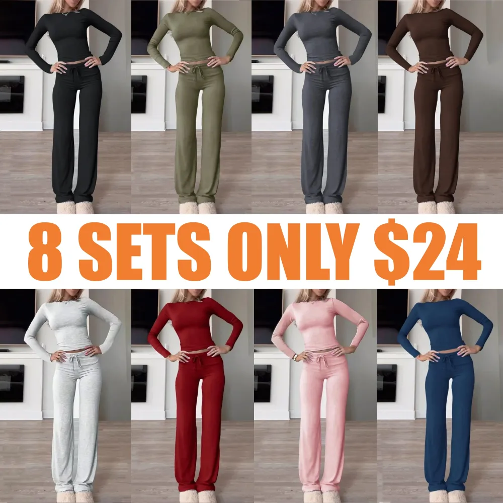 Two-Piece Set Women's Solid Color Long Sleeve Crop Tee & High-Waisted Drawstring Pants Set