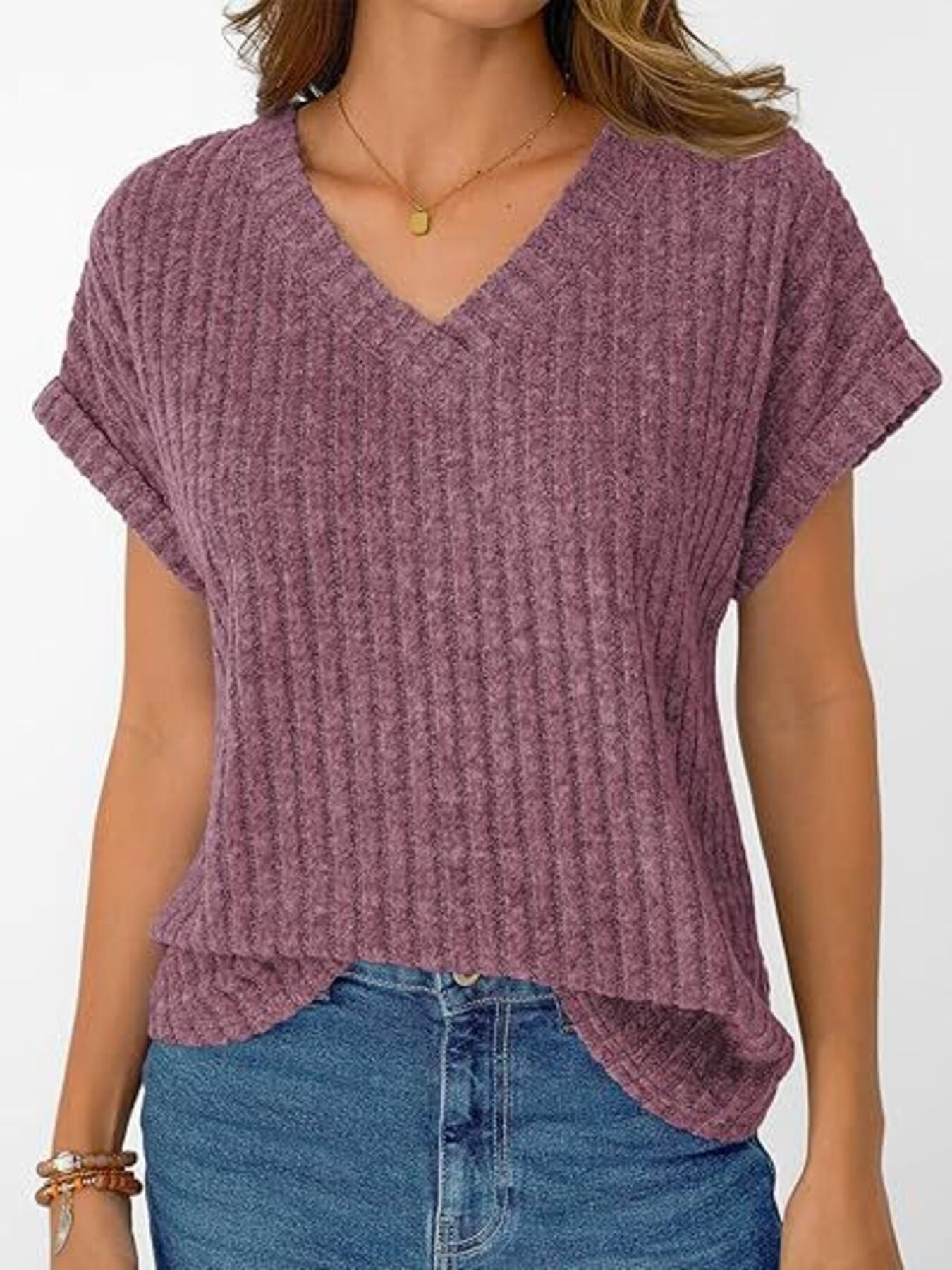 Ribbed Knit V-Neck Relaxed Fit T-Shirt