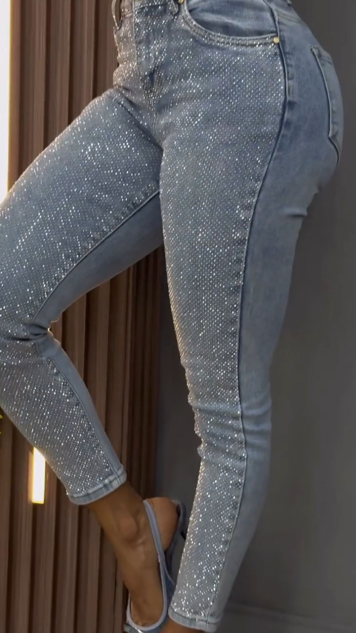 Womens High Waisted Rhinestone Casual Jeans