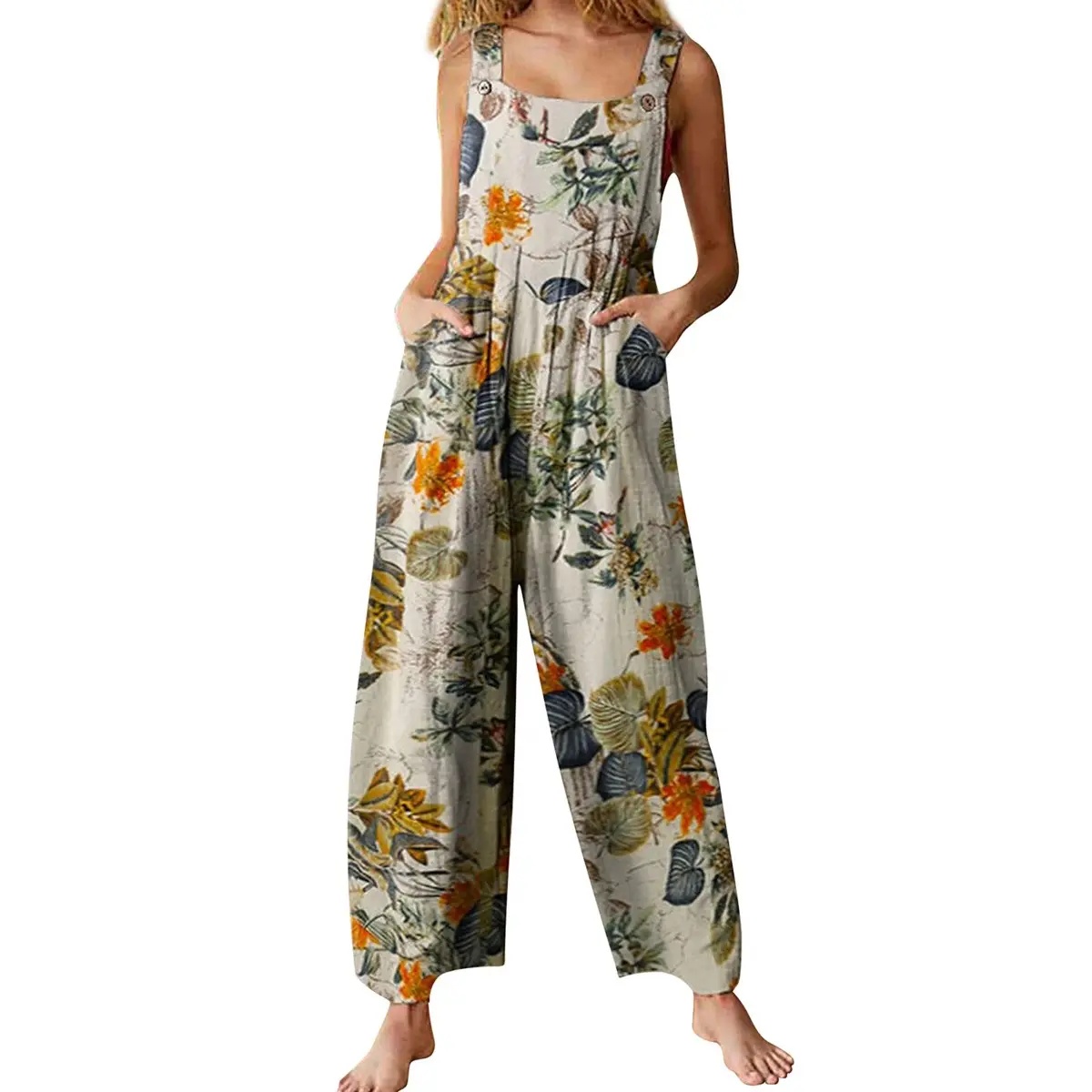 Tanming Women's Patchwork Dual Pocket Jumpsuit Loose Floral Print Bohemian Wide Leg Bib Overall Springfresh