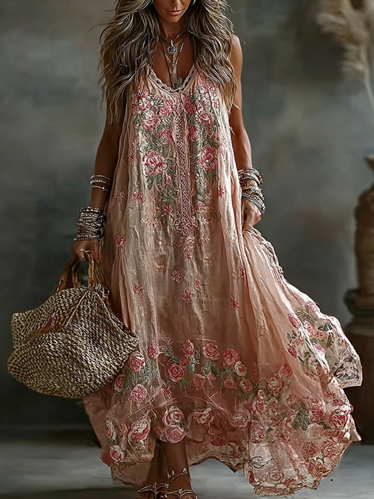 Women's Floral Art Print Flowy Linen Blend Casual Sleeveless Maxi Dress