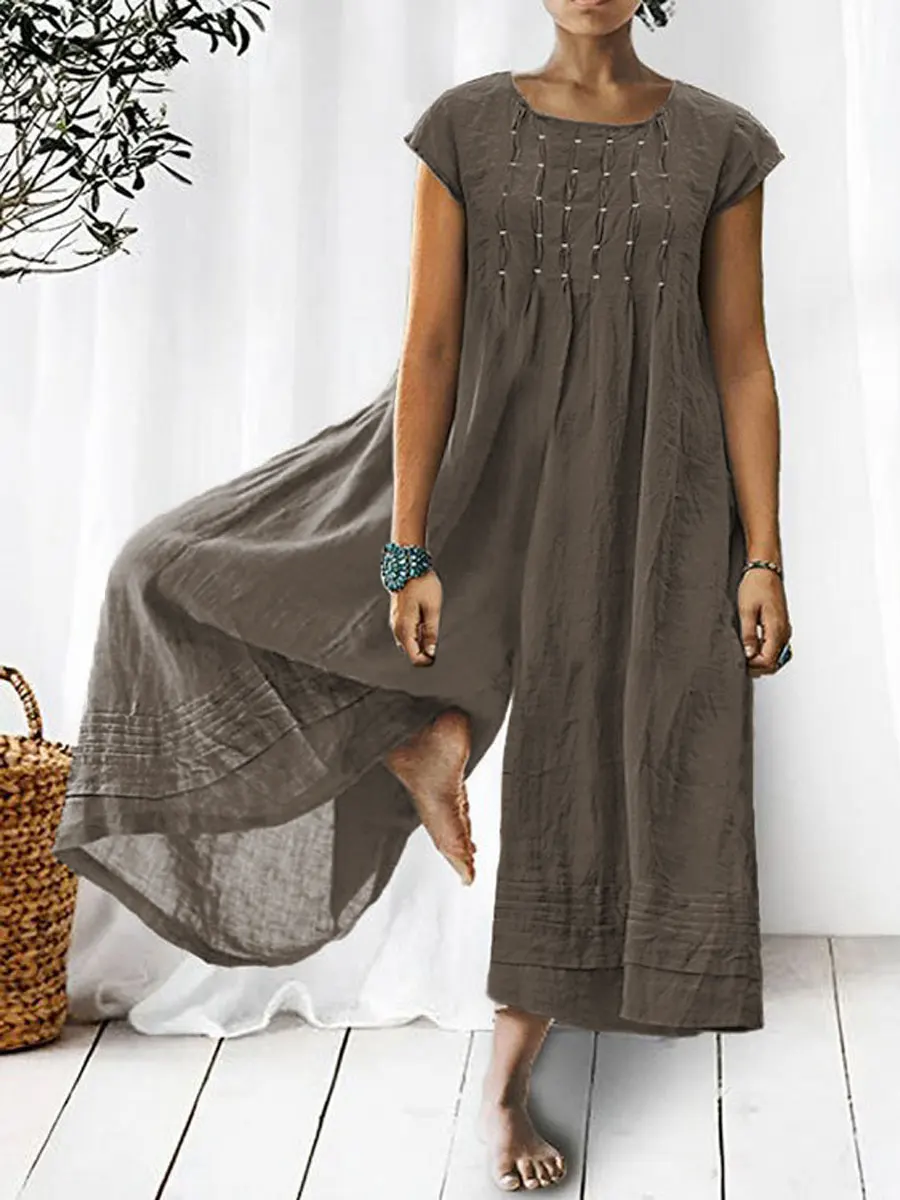 Women's Solid Color Art Casual Short Sleeve Cotton Linen Jumpsuit
