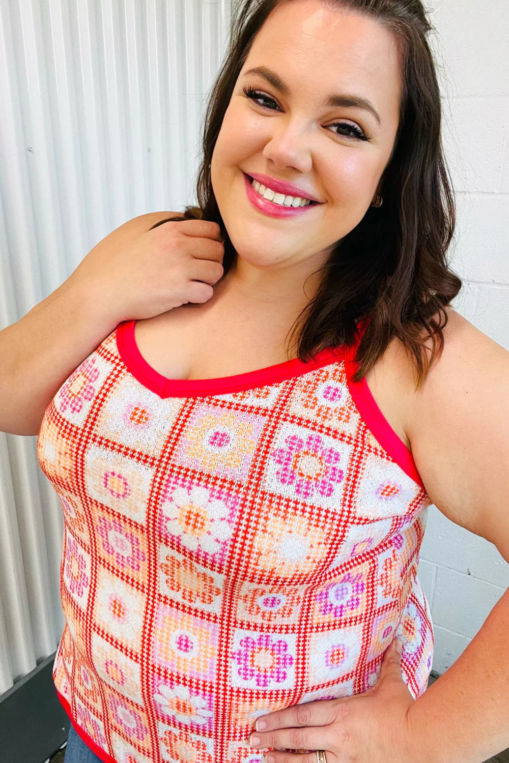 Retro In Bloom Coral Flower Power Waffle Knit Sleeveless Top