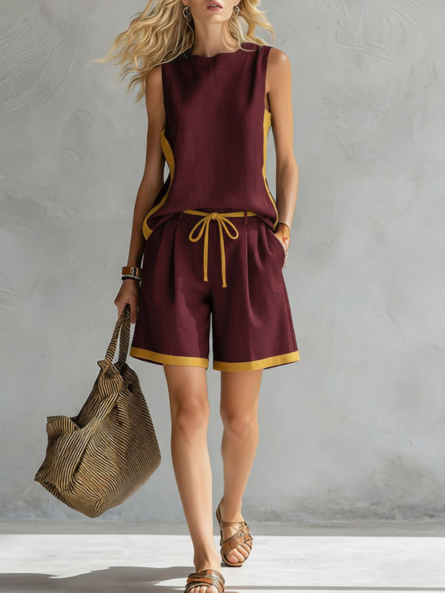 Women's Round Neck Sleeveless Casual Loose Vest And Elastic Waist Casual Loose Shorts Cotton And Linen Set.