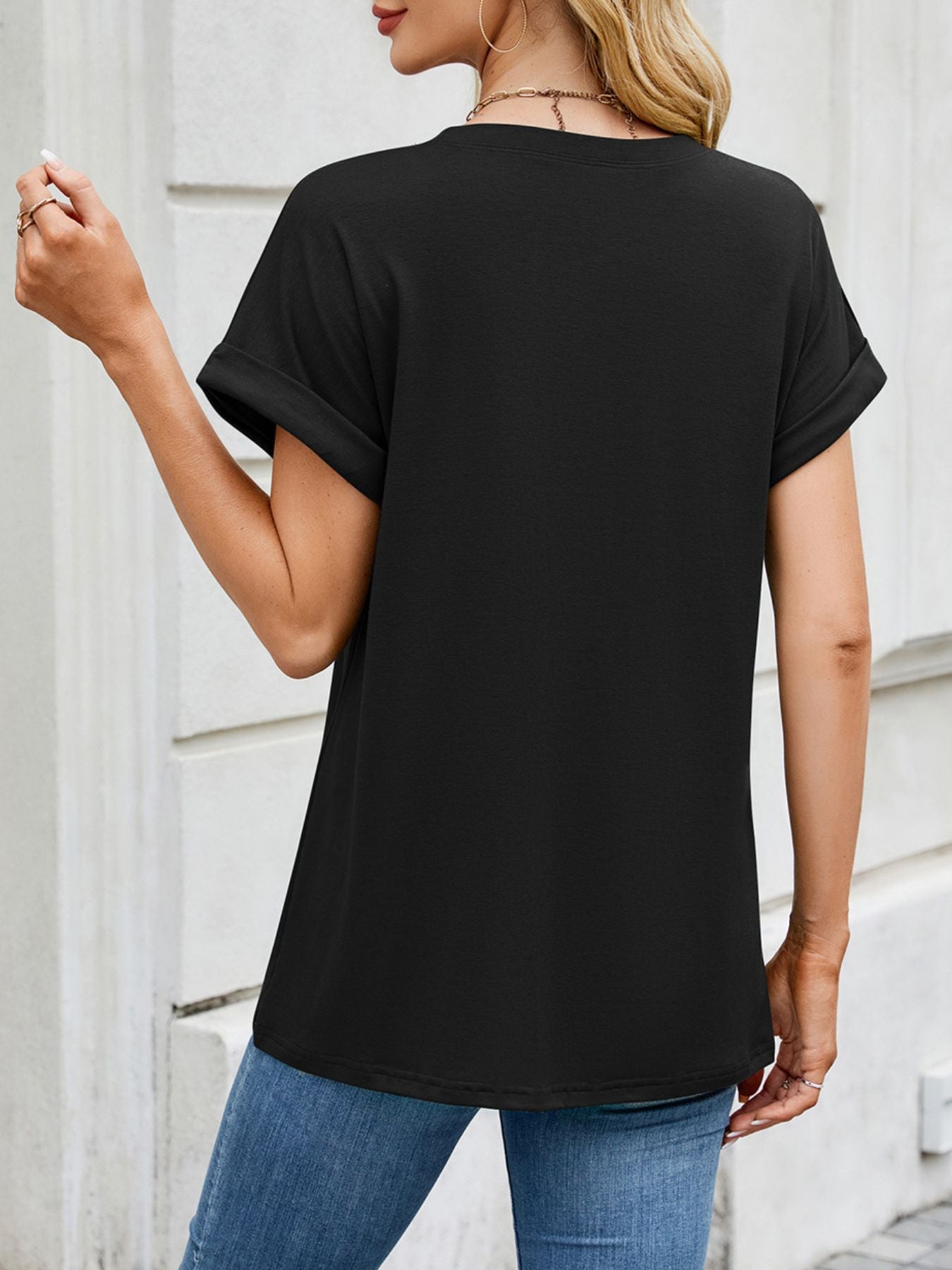 Casual Rolled Sleeve Solid Color T-Shirt