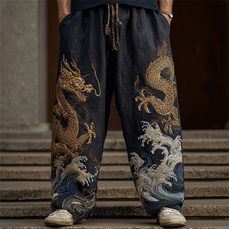 Men's Japanese Gold Dragon Sea Waves Embroidered Linen Pants