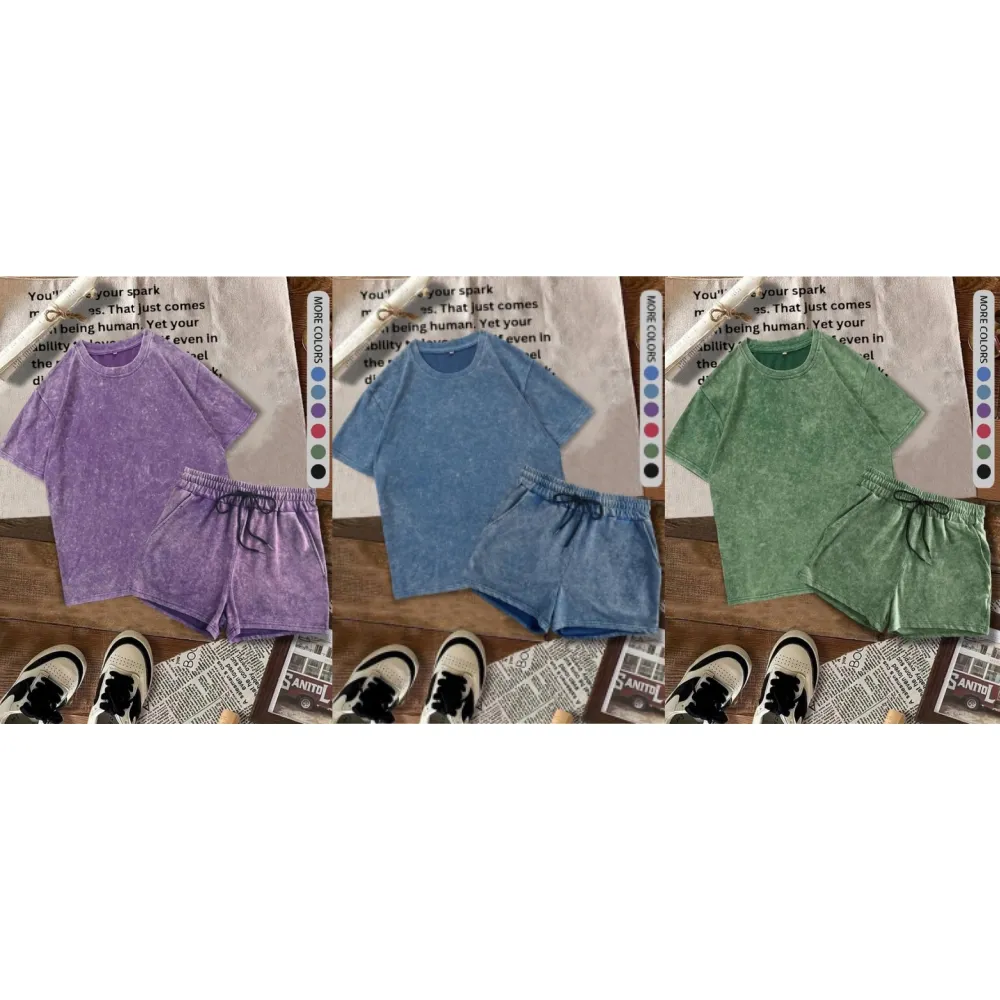 Women's Solid Tee & Denim-Print Shorts Set