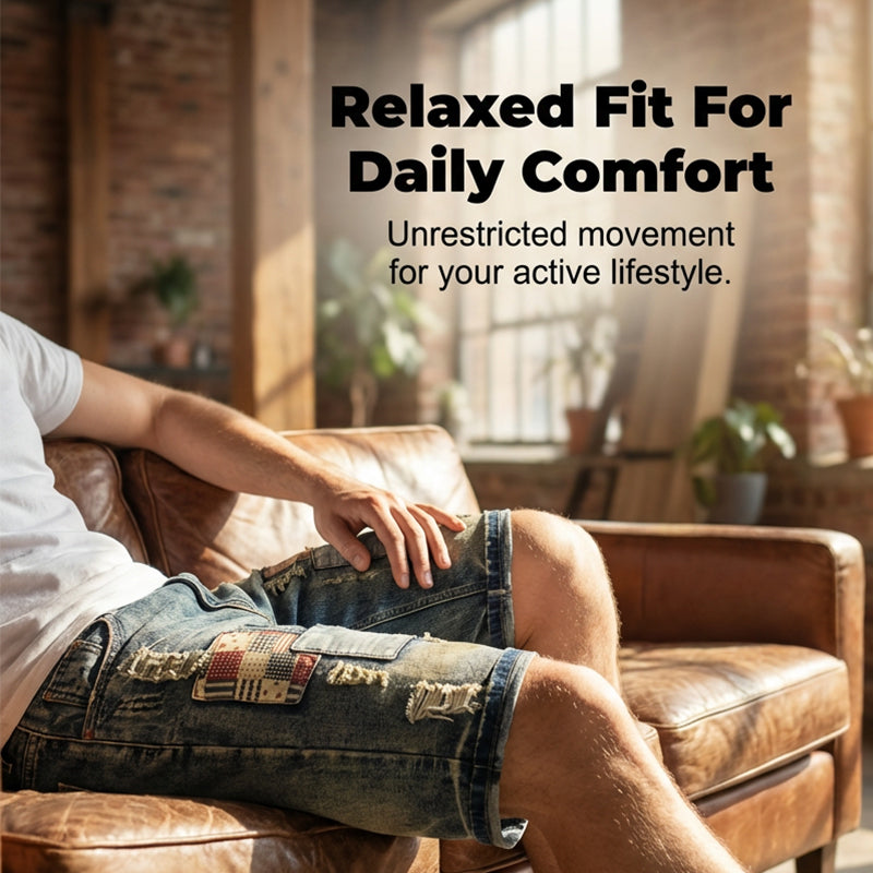 🔥 Men’s Ripped Denim Shorts – Patchwork Design for Street Style Edge 👖✨