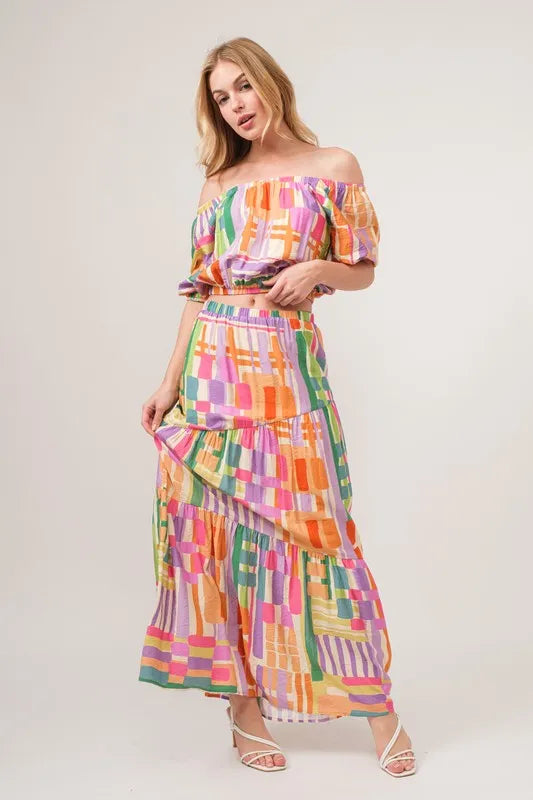 Asymmetric Geo Printed Tiered Maxi Skirt