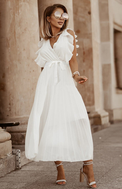 Beach Lotus Leaf Sleeve Chiffon Pleated Skirt Solid Color Dress
