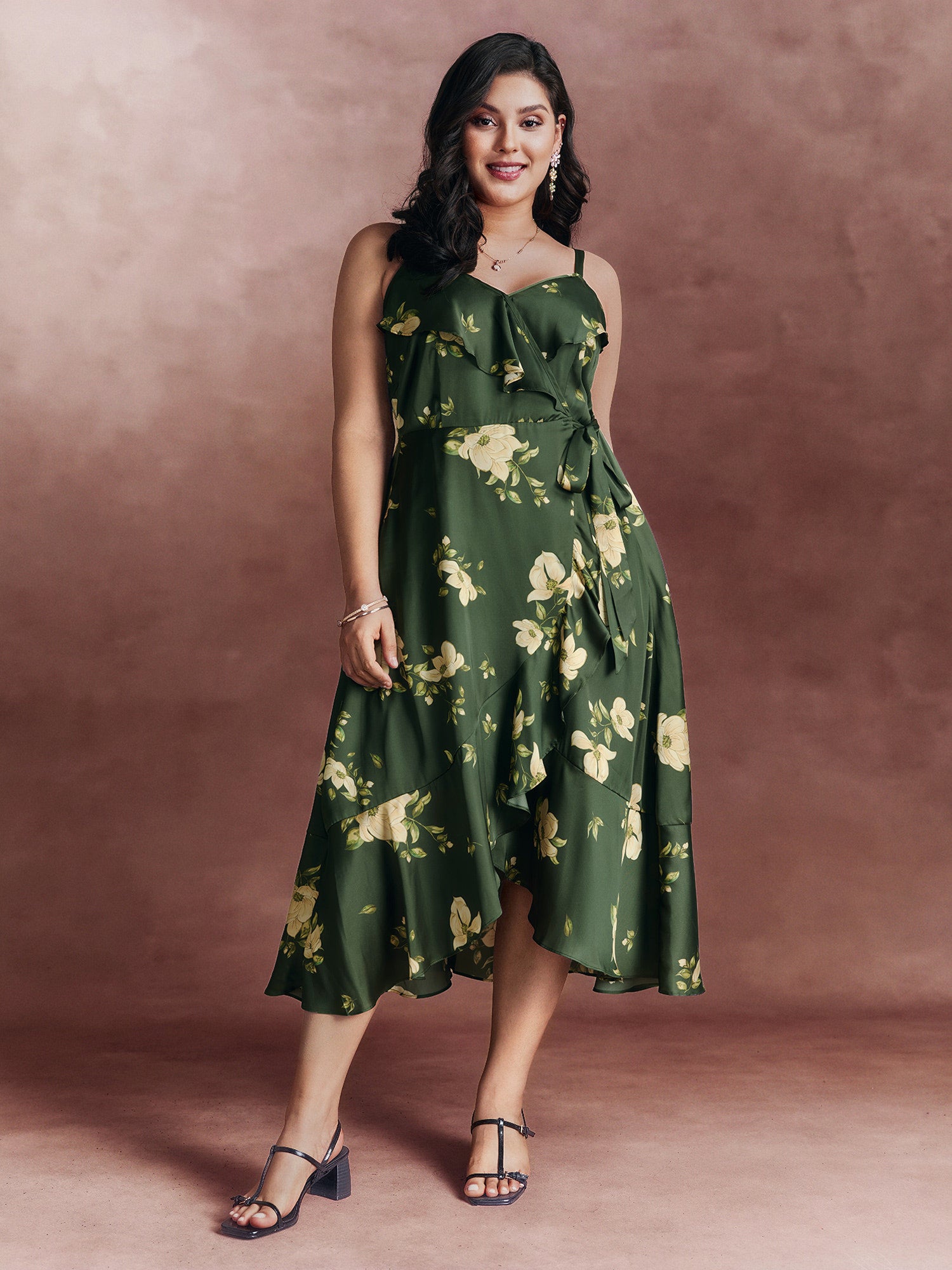 Floral Ruffled Wrap High-Low Hem Midi Dress