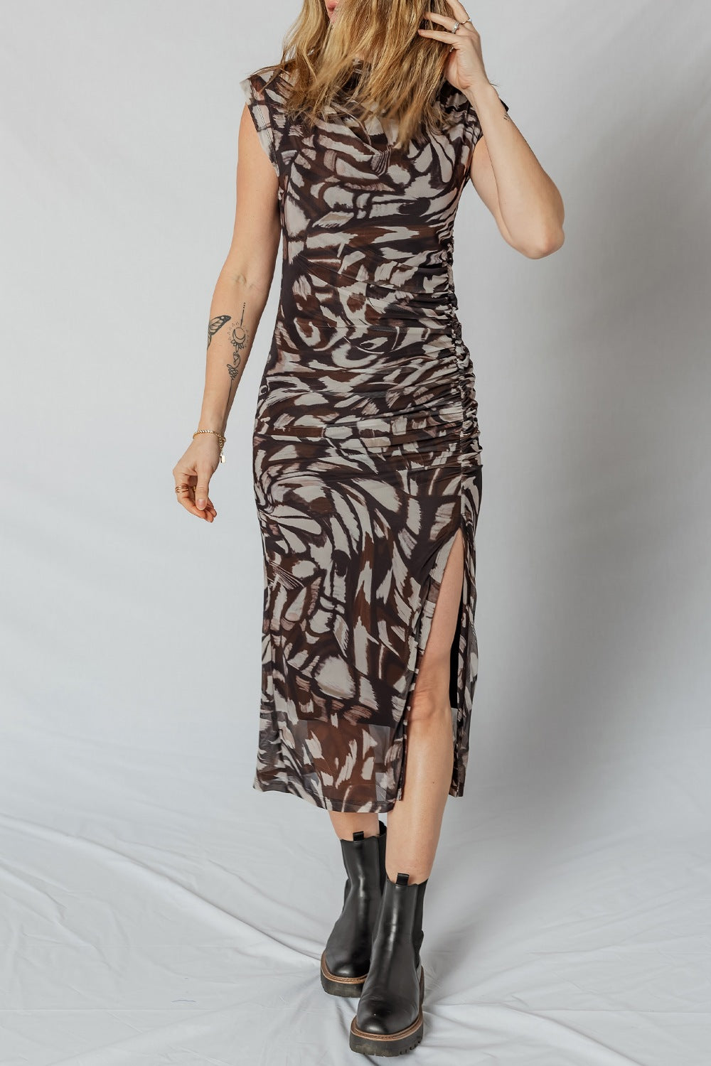 Abstract Print Ruched Midi Dress with Slit