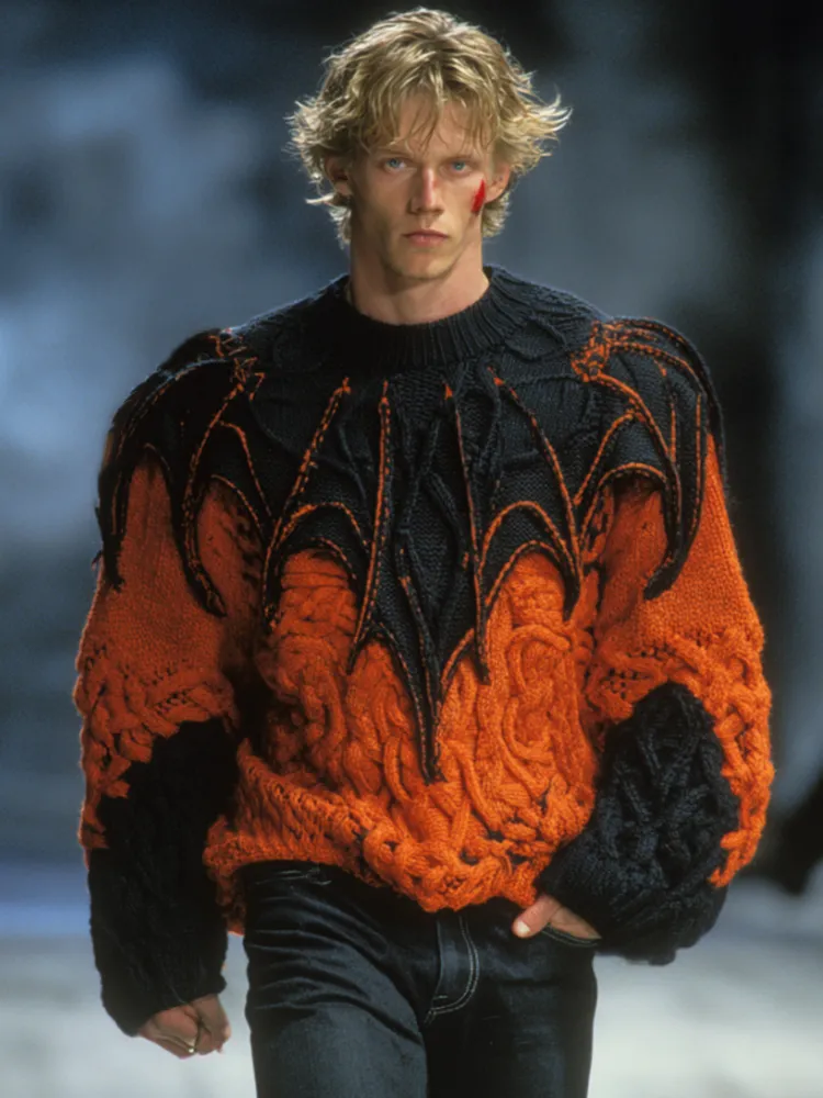 Men's Halloween 3d Embroidered Bat Contrast Warm High Collar Sweater