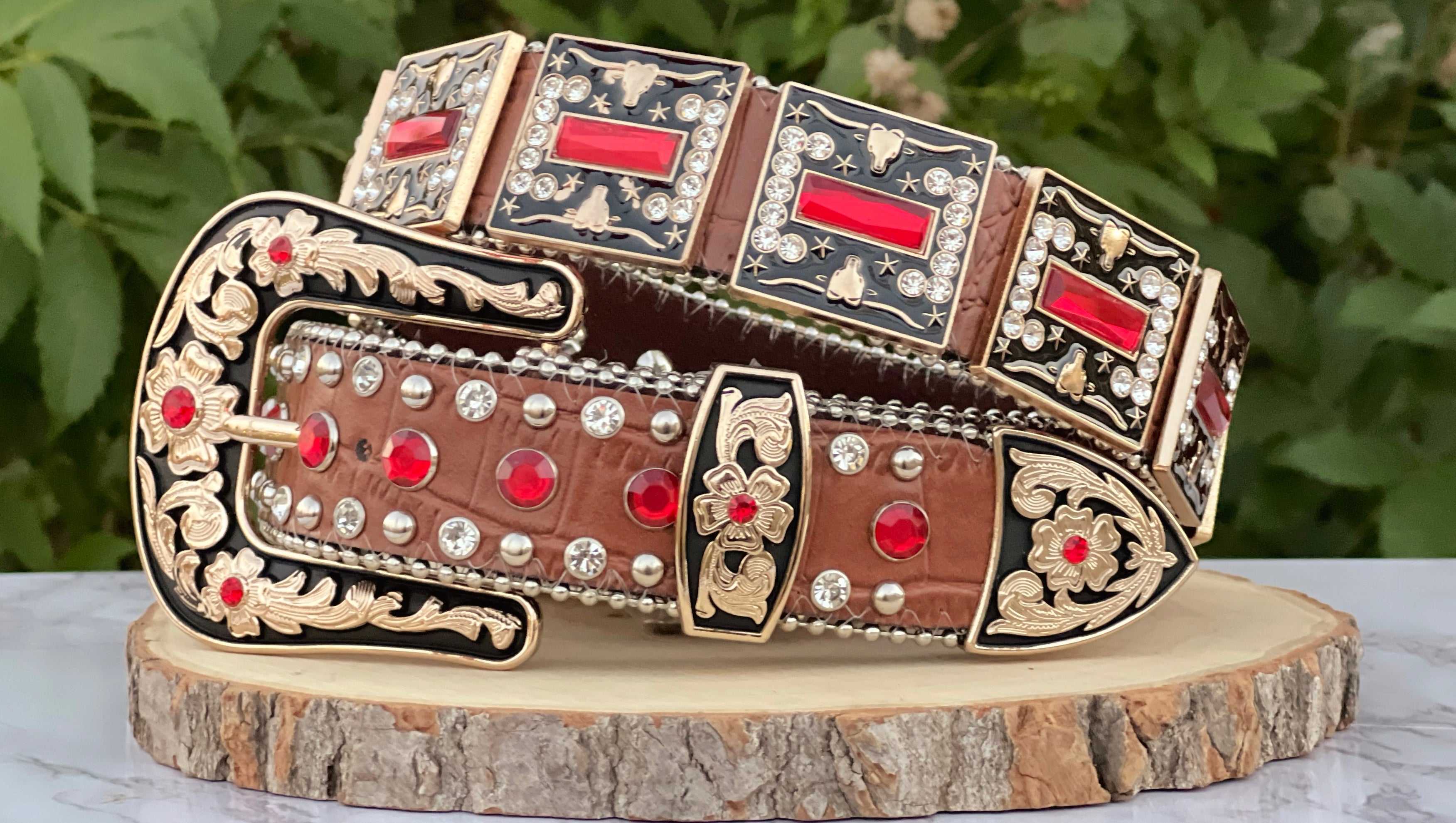 Western Brown Leather Belt With Red/Longhorn Rhinestones