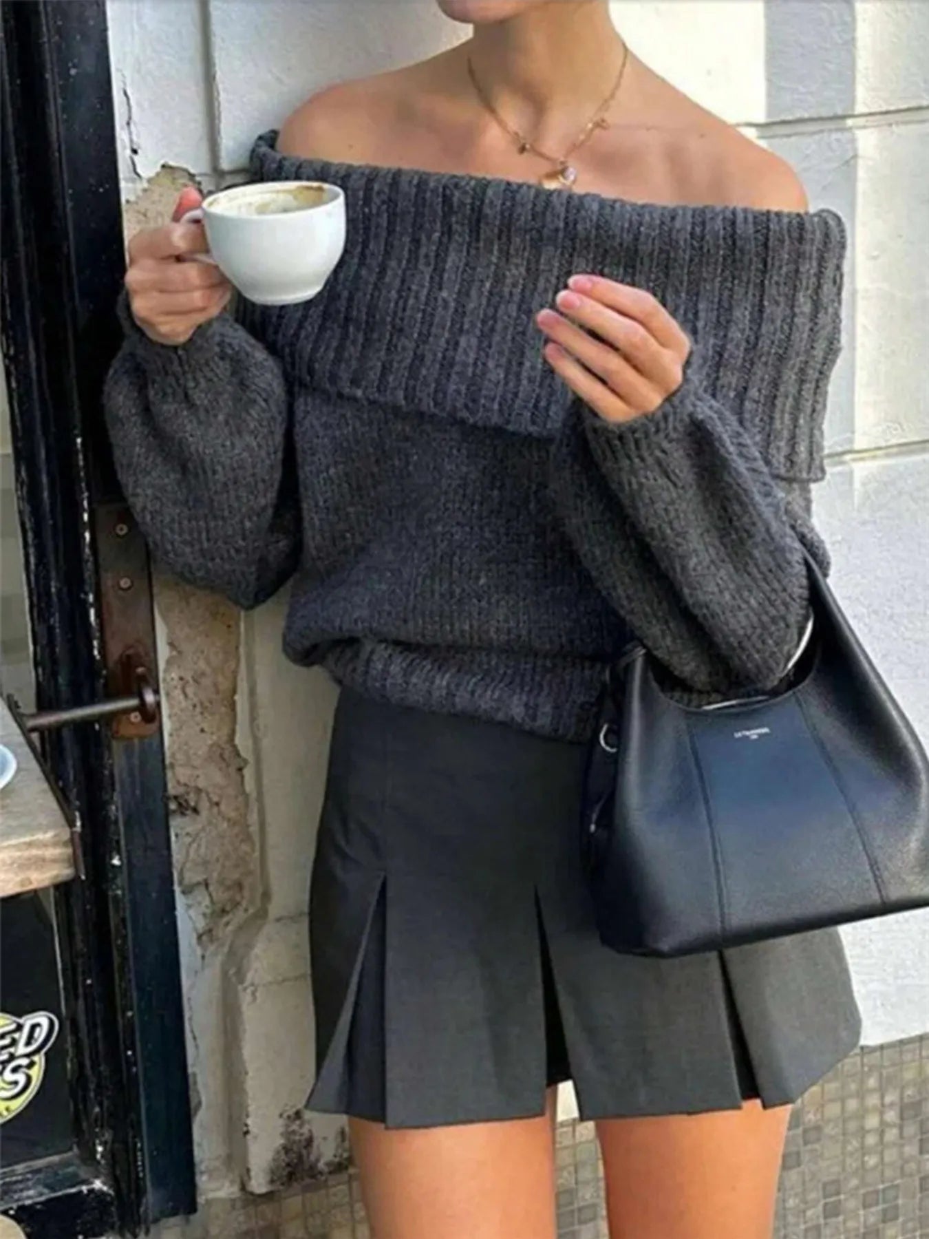 Off-Shoulder Ribbed Long Sleeve Sweater