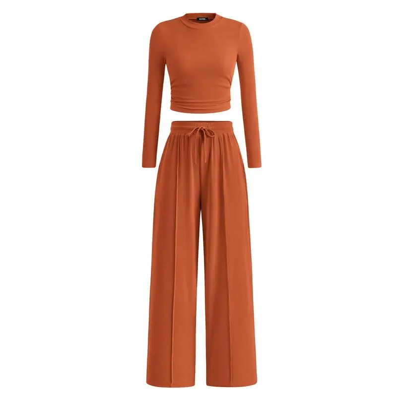 Two-piece ribbed knit long-sleeved cropped top and wide-leg pants