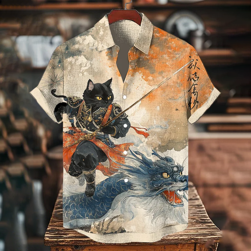 Men's Black Cat Samurai And Dragon Japanese Style Art Print Casual Shirt