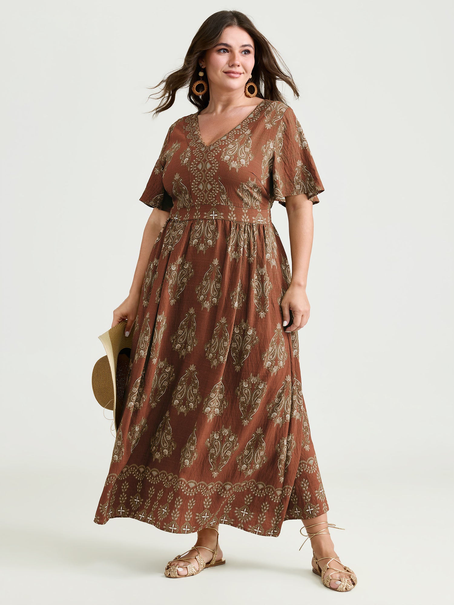 Paisley Print Pockets Shirred Waist Maxi Dress