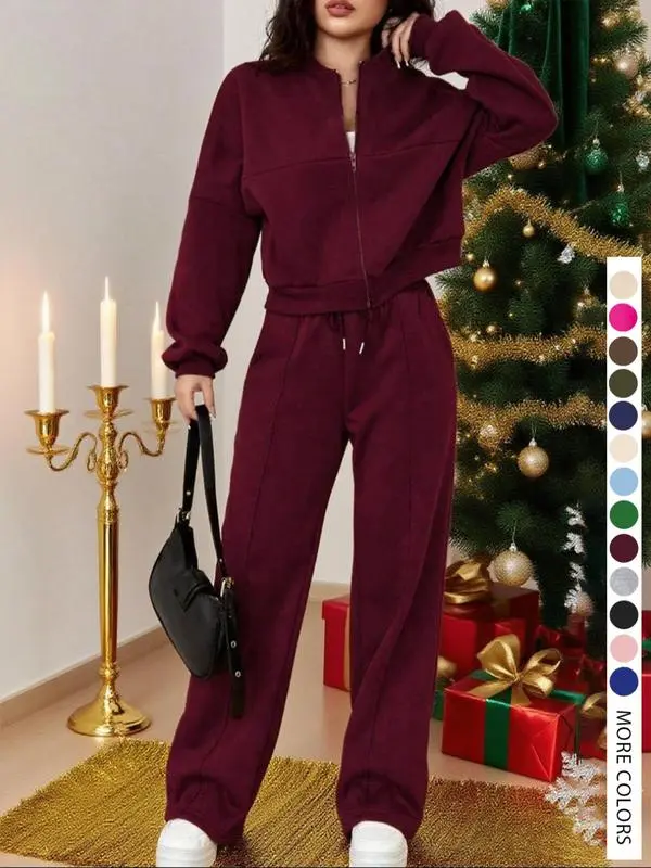 Two-piece Set Women's Solid Zip Up Drop Shoulder Jacket & Pocket Elastic Waist Pants