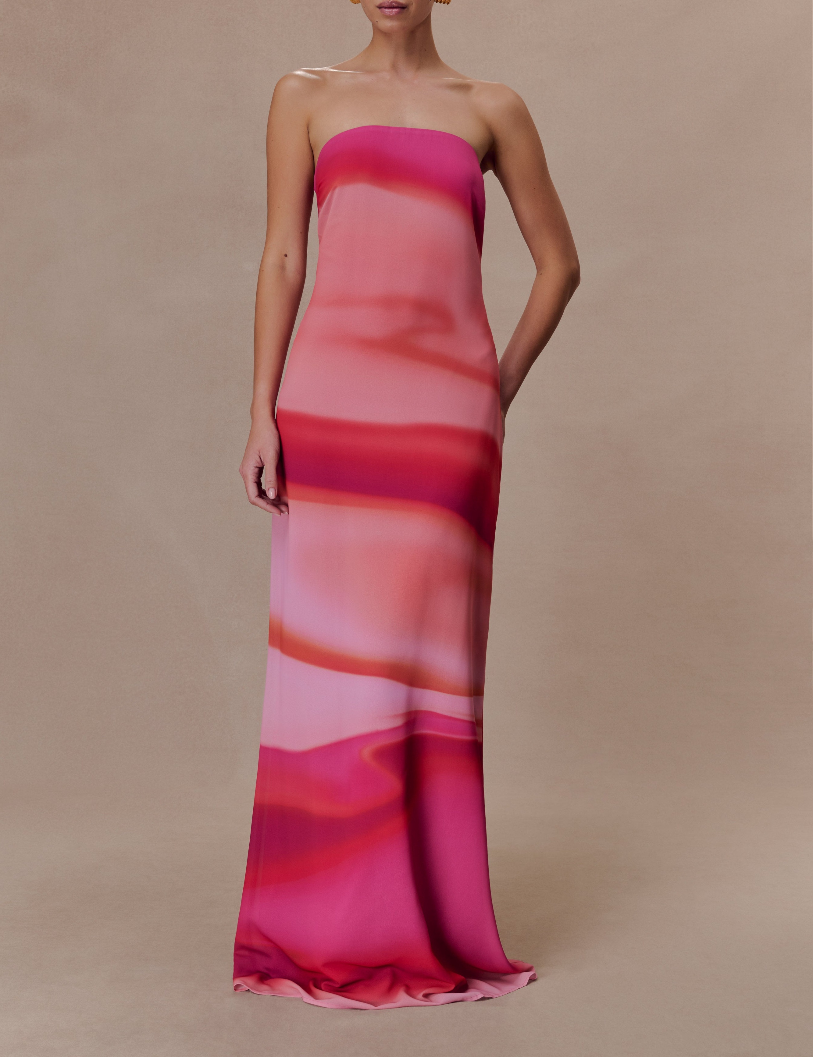 Print Strapless Chiffon Maxi Dress