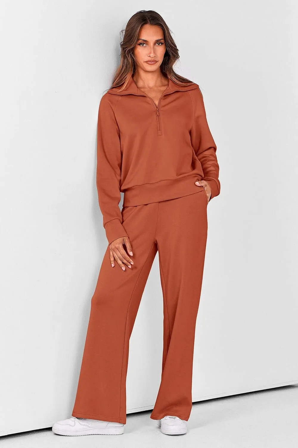 🔥Final Day Clearance!🛒Women's 2 Piece Outfits Casual Lapel Half Zip Sweatshirts And Wide Leg Pants Tracksuit Sets