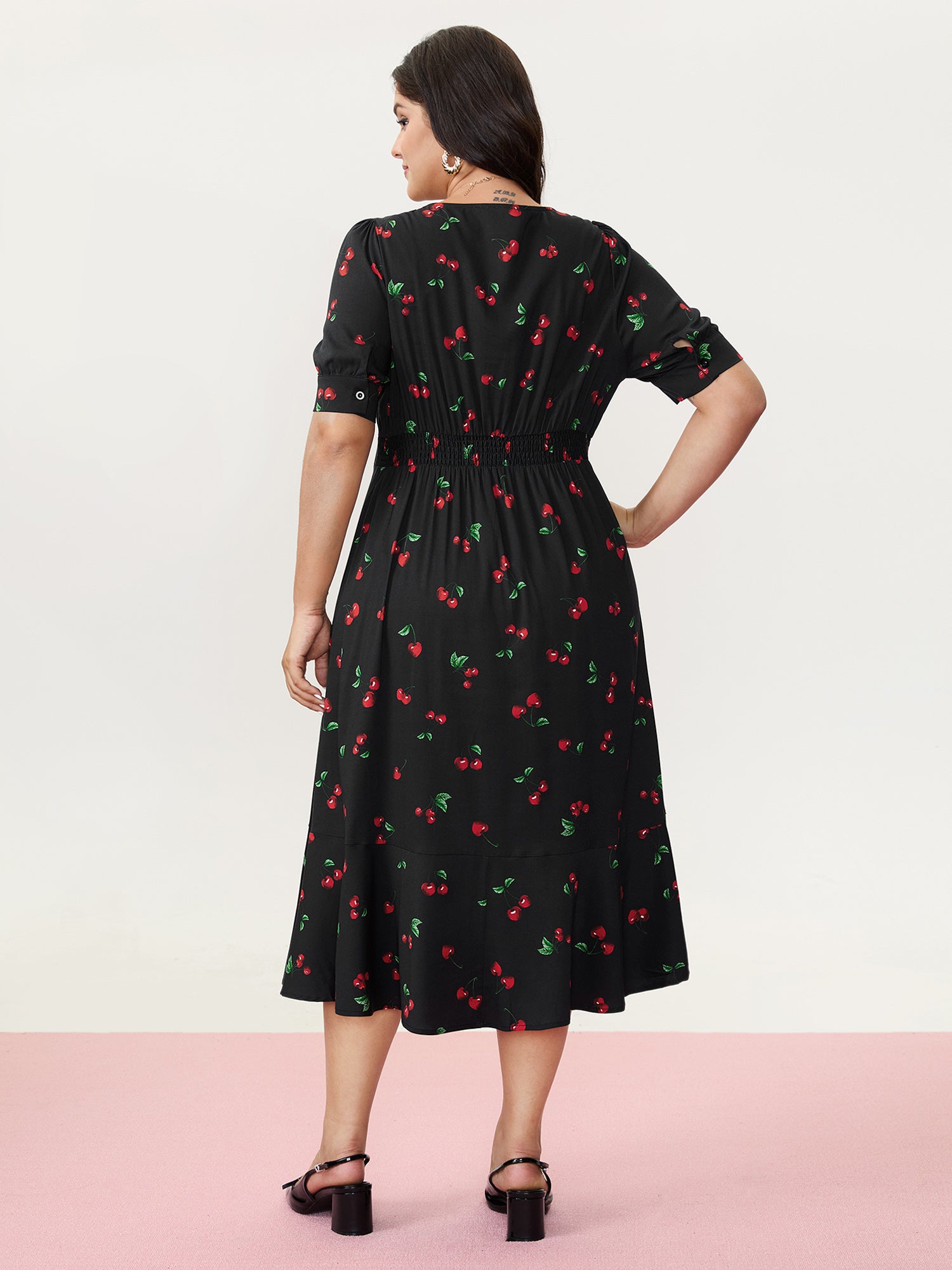 Cherry Print Split Hem Midi Dress